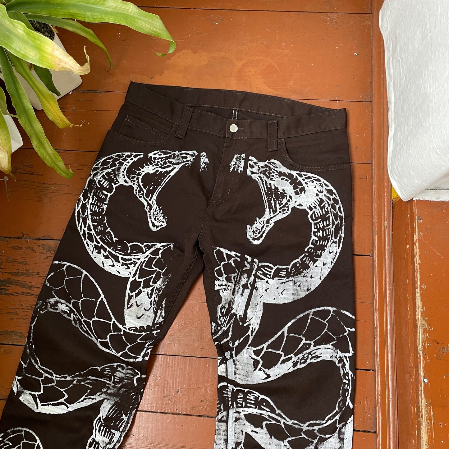 Custom Carhartt Snake Jeans – Handprinted White Serpent on Brown Denim | Alt Streetwear 1 of 1 Pants