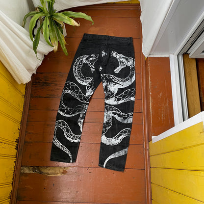 Custom Carhartt Snake Jeans – White Serpent Print on Black Denim | Alt Streetwear 1 of 1 Reworked Pants