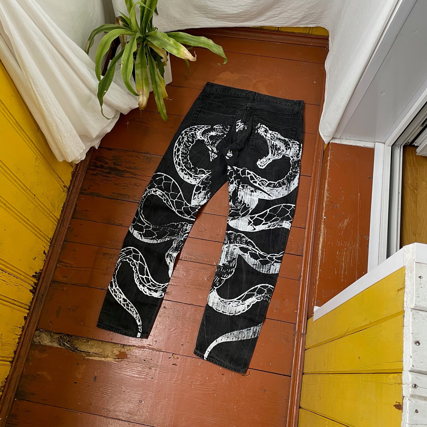 Custom Carhartt Snake Jeans – White Serpent Print on Black Denim | Alt Streetwear 1 of 1 Reworked Pants