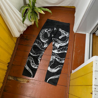 Custom Carhartt Snake Jeans – White Serpent Print on Black Denim | Alt Streetwear 1 of 1 Reworked Pants