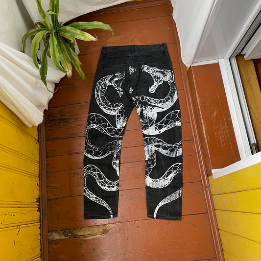 Custom Carhartt Snake Jeans – White Serpent Print on Black Denim | Alt Streetwear 1 of 1 Reworked Pants