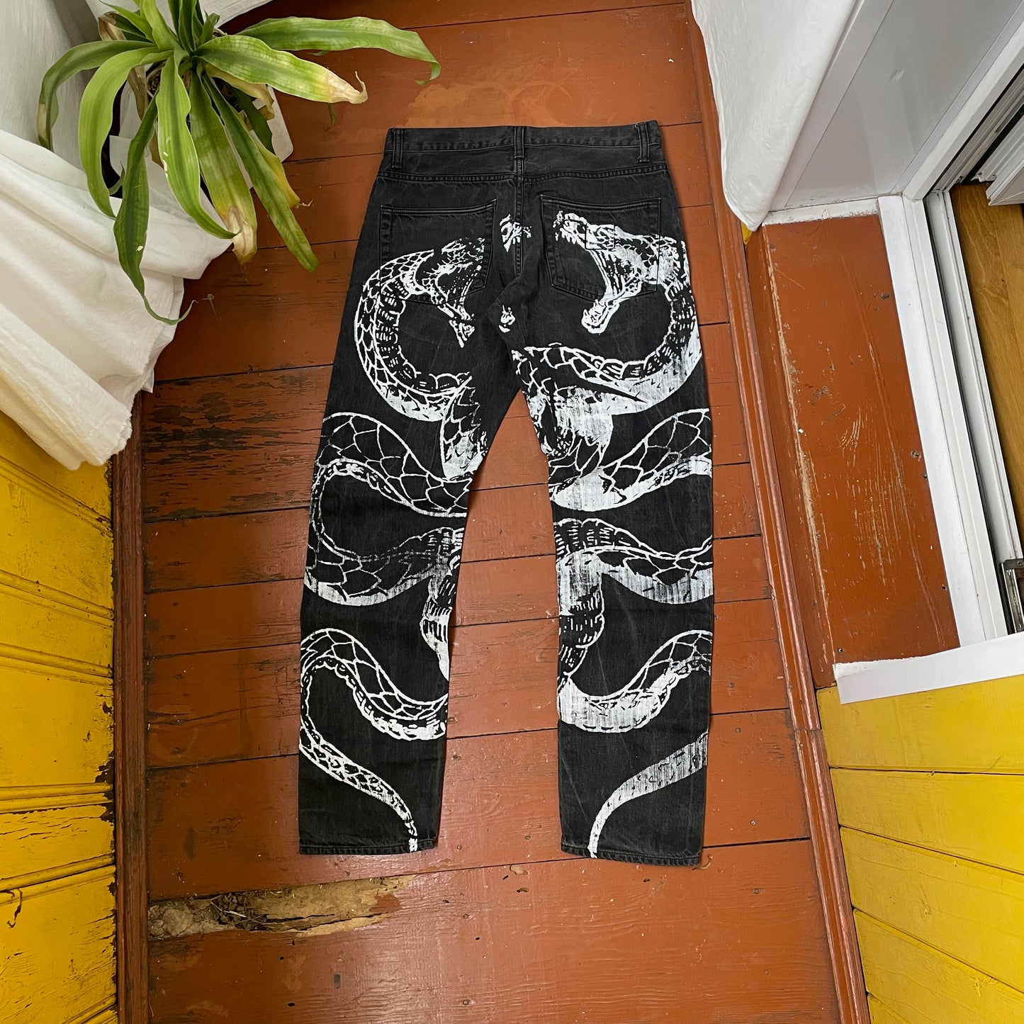 Custom Carhartt Snake Jeans – White Serpent Print on Black Denim | Alt Streetwear 1 of 1 Reworked Pants