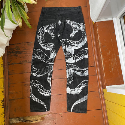 Custom Carhartt Snake Jeans – White Serpent Print on Black Denim | Alt Streetwear 1 of 1 Reworked Pants