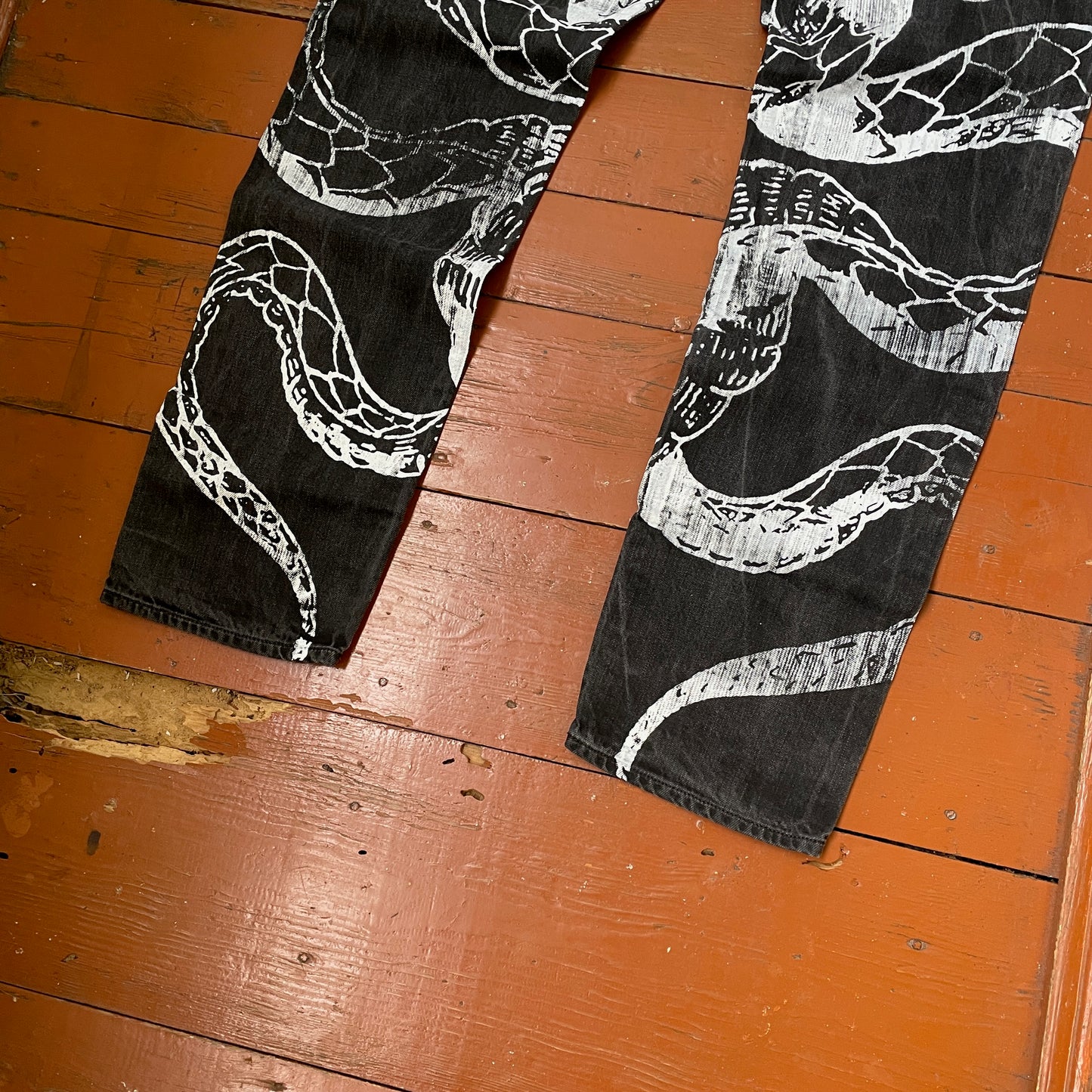 Custom Carhartt Snake Jeans – White Serpent Print on Black Denim | Alt Streetwear 1 of 1 Reworked Pants
