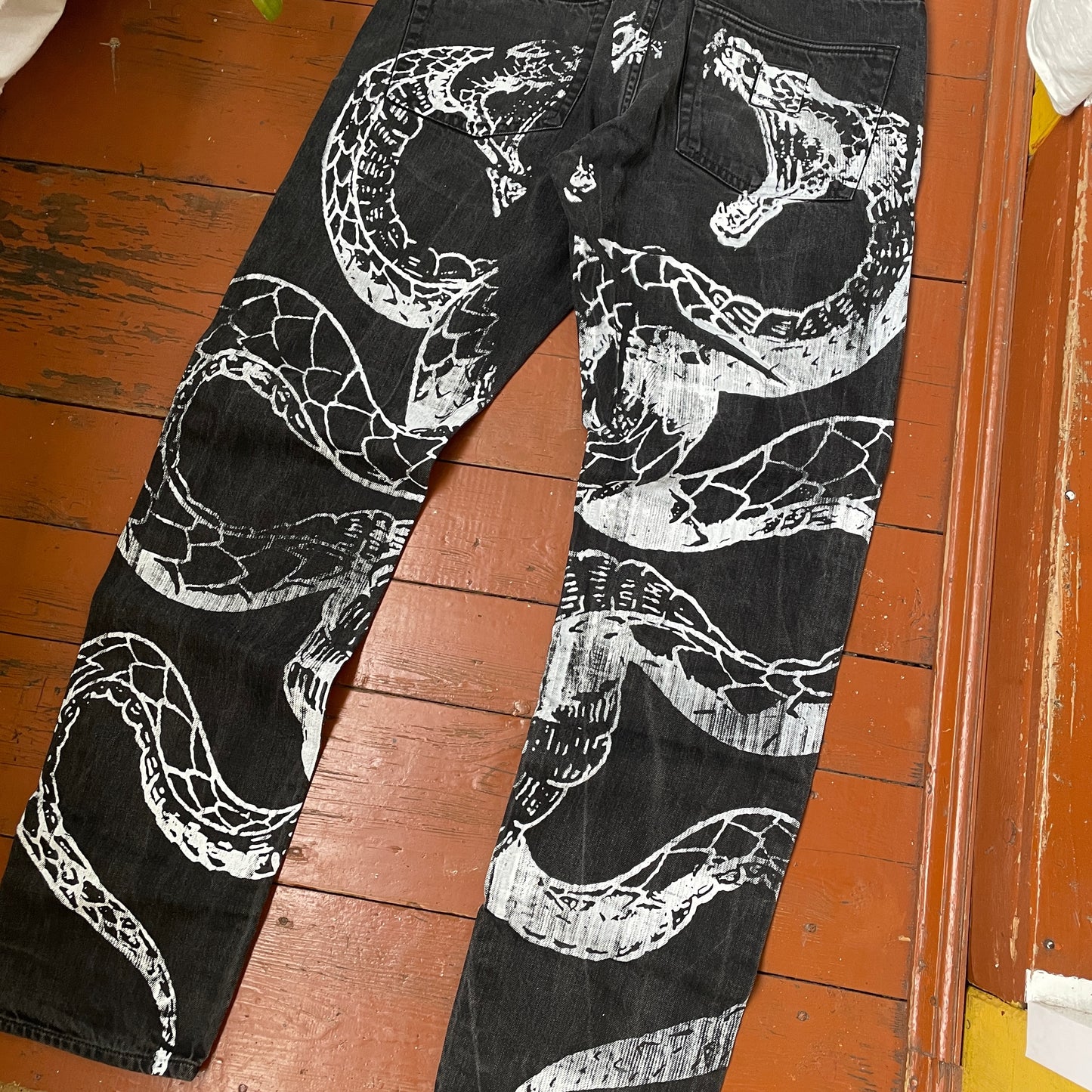 Custom Carhartt Snake Jeans – White Serpent Print on Black Denim | Alt Streetwear 1 of 1 Reworked Pants