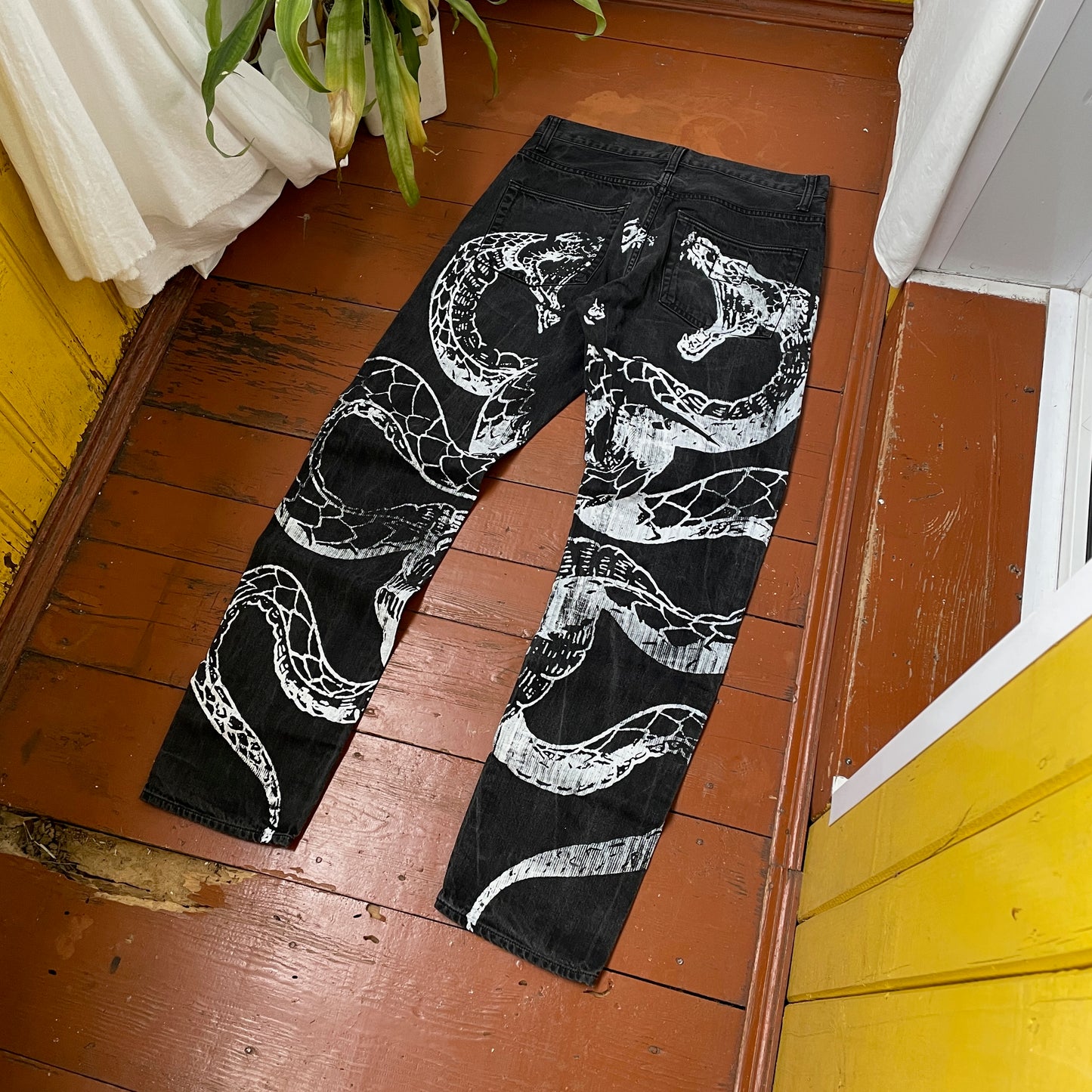 Custom Carhartt Snake Jeans – White Serpent Print on Black Denim | Alt Streetwear 1 of 1 Reworked Pants