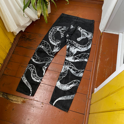 Custom Carhartt Snake Jeans – White Serpent Print on Black Denim | Alt Streetwear 1 of 1 Reworked Pants