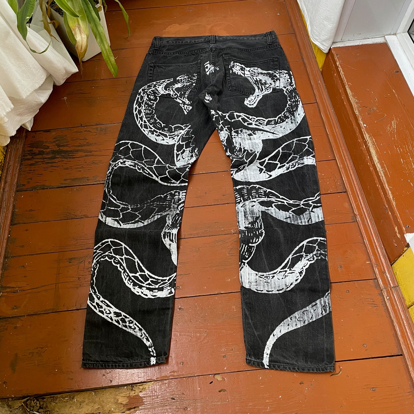 Custom Carhartt Snake Jeans – White Serpent Print on Black Denim | Alt Streetwear 1 of 1 Reworked Pants