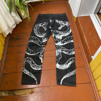 Custom Carhartt Snake Jeans – White Serpent Print on Black Denim | Alt Streetwear 1 of 1 Reworked Pants