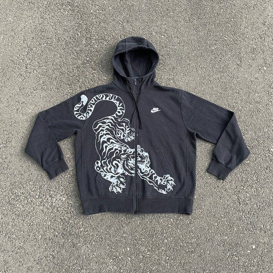 Custom Nike Tiger Hoodie – Black Zip-Up with White Tiger Art | Vintage Y2K 1 of 1