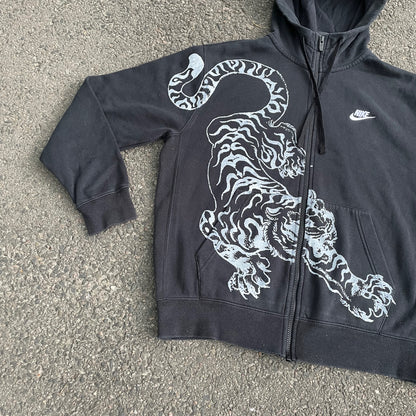 Custom Nike Tiger Hoodie – Black Zip-Up with White Tiger Art | Vintage Y2K 1 of 1