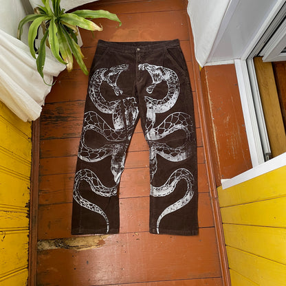 Custom Snake Print Corduroy Pants – Handprinted White Serpent Art on Dark Brown | 1 of 1 Alt Streetwear Rework