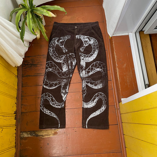 Custom Snake Print Corduroy Pants – Handprinted White Serpent Art on Dark Brown | 1 of 1 Alt Streetwear Rework