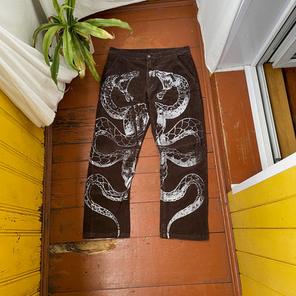 Custom Snake Print Corduroy Pants – Handprinted White Serpent Art on Dark Brown | 1 of 1 Alt Streetwear Rework