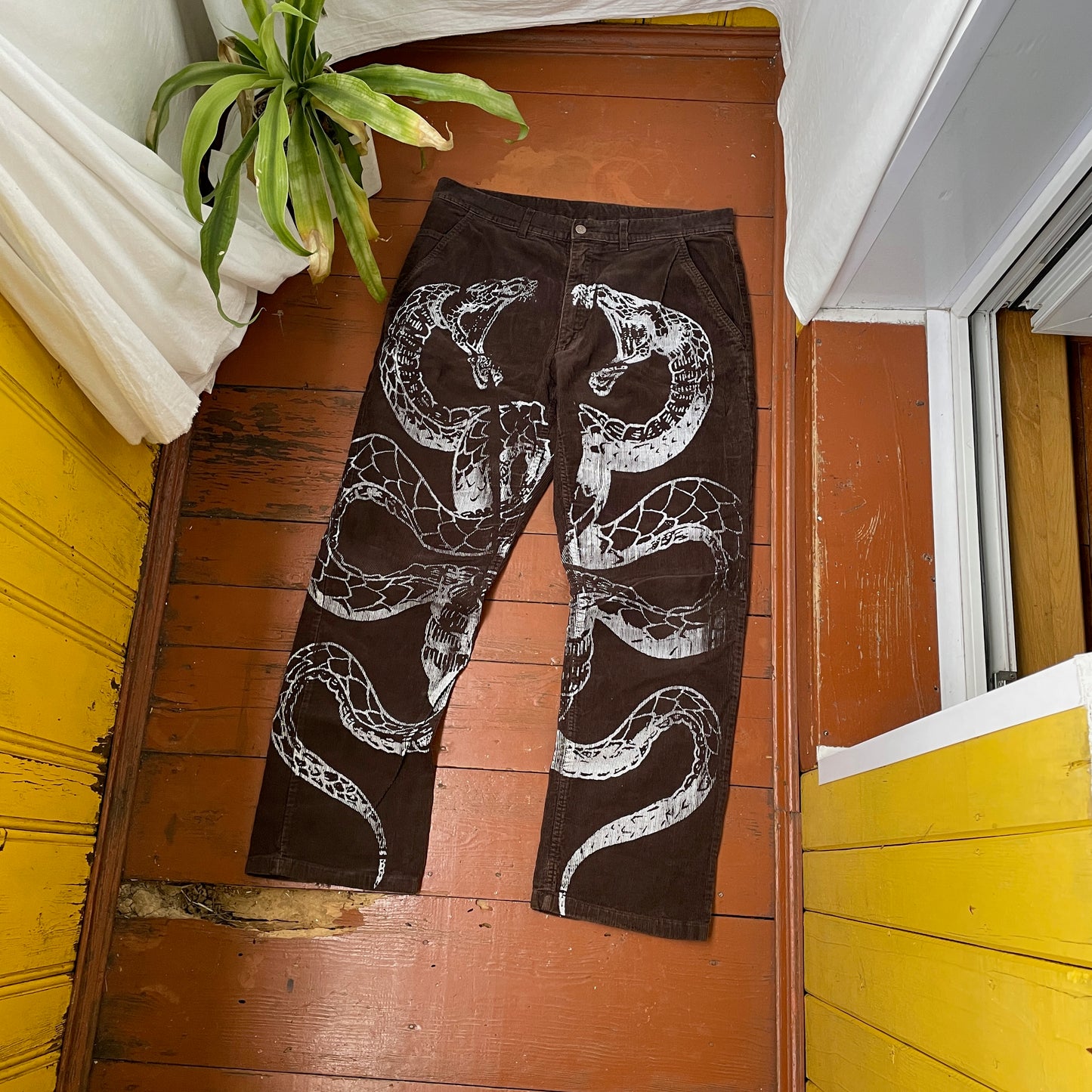 Custom Snake Print Corduroy Pants – Handprinted White Serpent Art on Dark Brown | 1 of 1 Alt Streetwear Rework