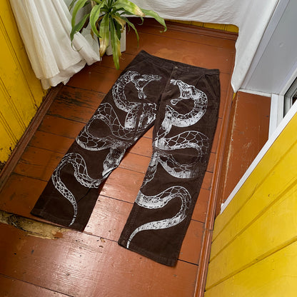 Custom Snake Print Corduroy Pants – Handprinted White Serpent Art on Dark Brown | 1 of 1 Alt Streetwear Rework