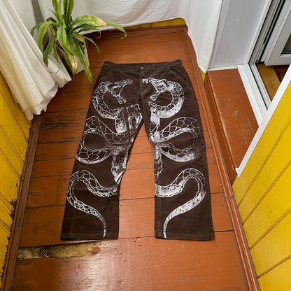 Custom Snake Print Corduroy Pants – Handprinted White Serpent Art on Dark Brown | 1 of 1 Alt Streetwear Rework