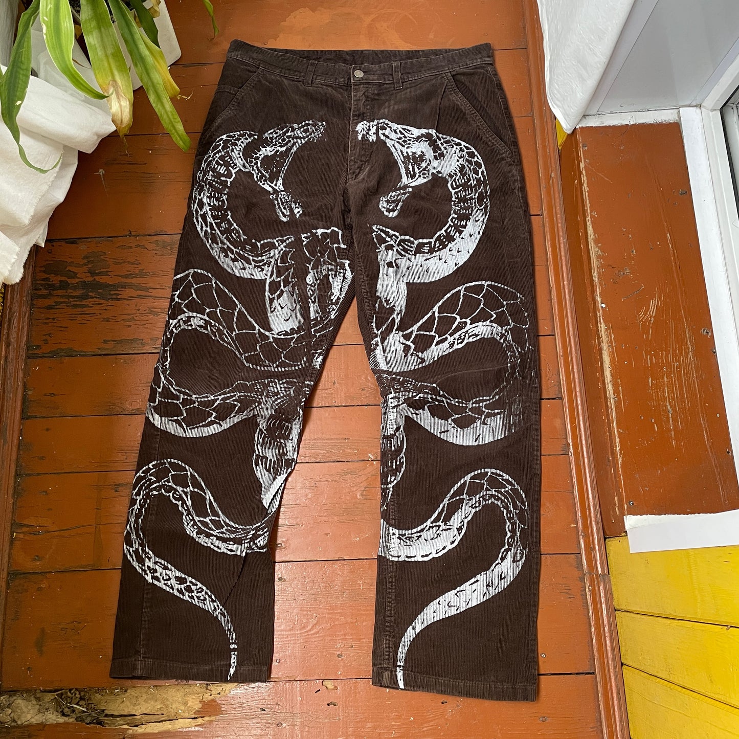 Custom Snake Print Corduroy Pants – Handprinted White Serpent Art on Dark Brown | 1 of 1 Alt Streetwear Rework