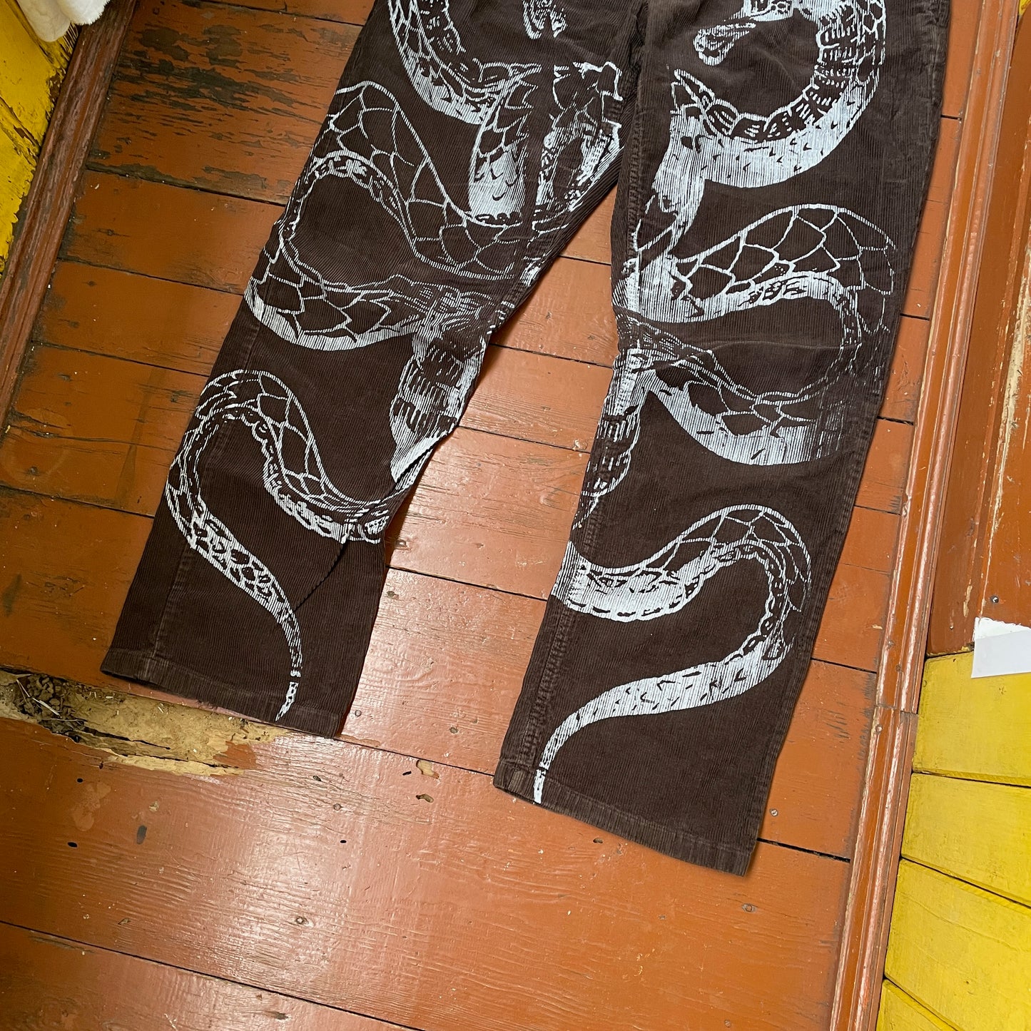Custom Snake Print Corduroy Pants – Handprinted White Serpent Art on Dark Brown | 1 of 1 Alt Streetwear Rework