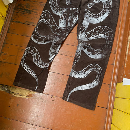Custom Snake Print Corduroy Pants – Handprinted White Serpent Art on Dark Brown | 1 of 1 Alt Streetwear Rework