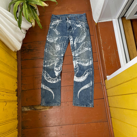 Custom Dickies Snake Jeans – Bleached Serpent Print Denim | Y2K Alt Streetwear 1 of 1 Vintage Grunge Pants