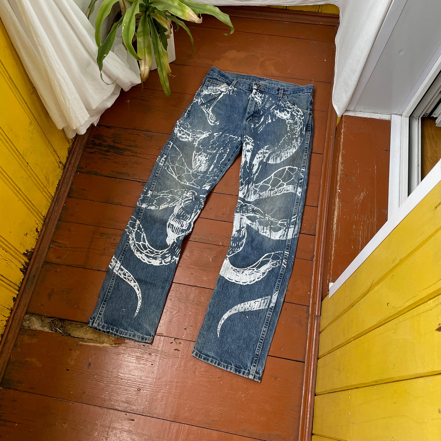 Custom Dickies Snake Jeans – Bleached Serpent Print Denim | Y2K Alt Streetwear 1 of 1 Vintage Grunge Pants