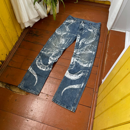 Custom Dickies Snake Jeans – Bleached Serpent Print Denim | Y2K Alt Streetwear 1 of 1 Vintage Grunge Pants