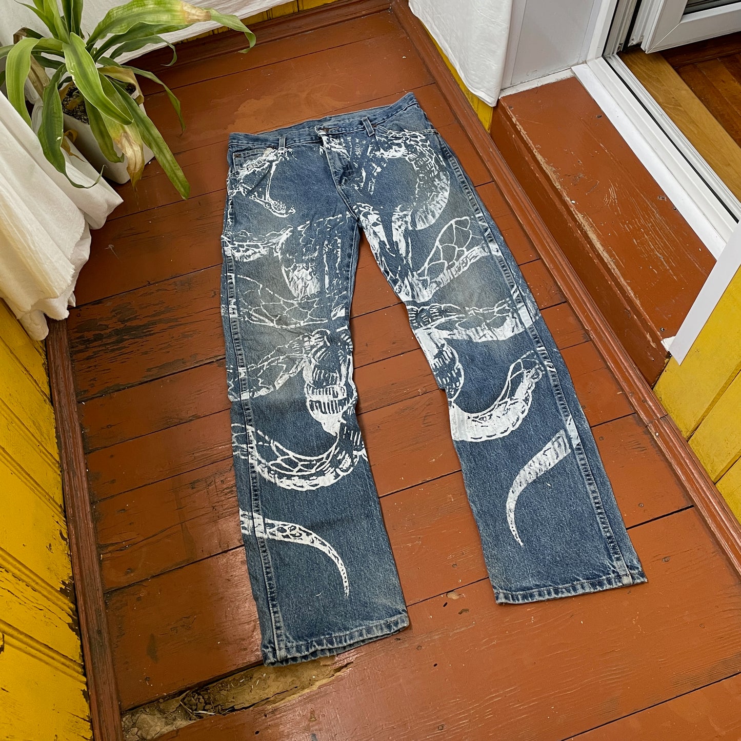 Custom Dickies Snake Jeans – Bleached Serpent Print Denim | Y2K Alt Streetwear 1 of 1 Vintage Grunge Pants