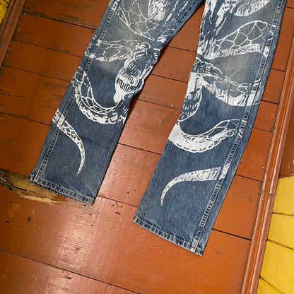 Custom Dickies Snake Jeans – Bleached Serpent Print Denim | Y2K Alt Streetwear 1 of 1 Vintage Grunge Pants