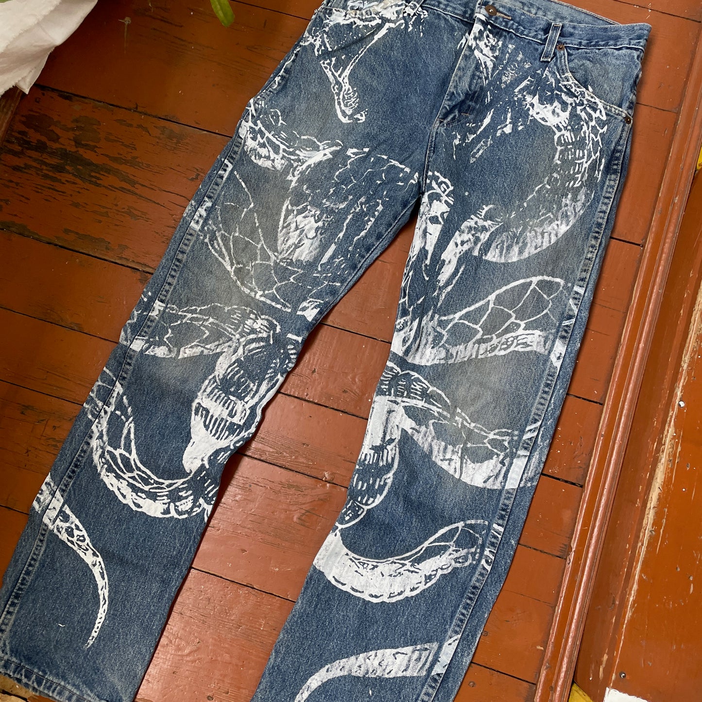 Custom Dickies Snake Jeans – Bleached Serpent Print Denim | Y2K Alt Streetwear 1 of 1 Vintage Grunge Pants