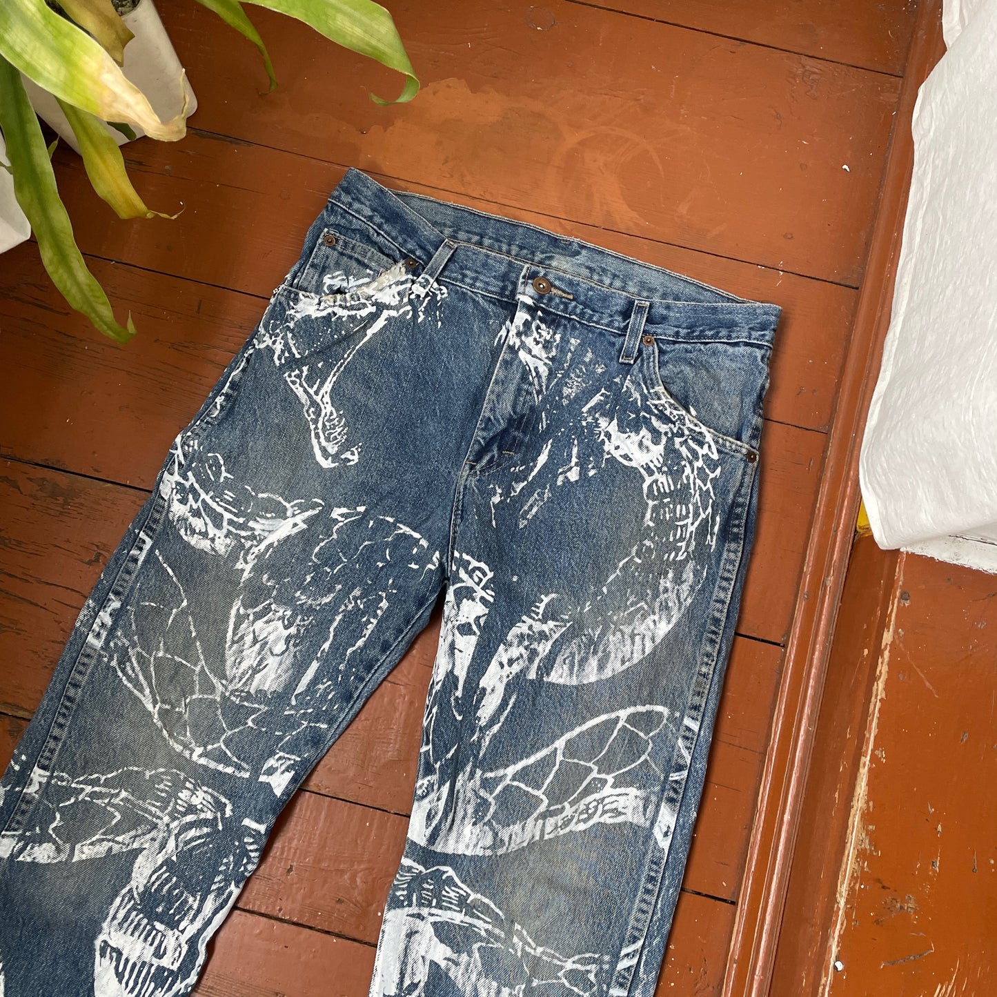 Custom Dickies Snake Jeans – Bleached Serpent Print Denim | Y2K Alt Streetwear 1 of 1 Vintage Grunge Pants