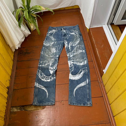 Custom Dickies Snake Jeans – Bleached Serpent Print Denim | Y2K Alt Streetwear 1 of 1 Vintage Grunge Pants