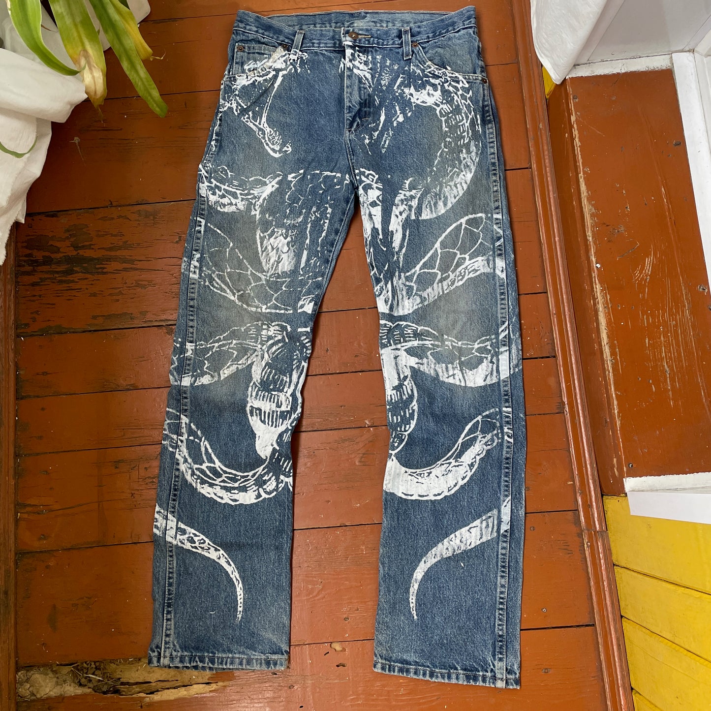 Custom Dickies Snake Jeans – Bleached Serpent Print Denim | Y2K Alt Streetwear 1 of 1 Vintage Grunge Pants
