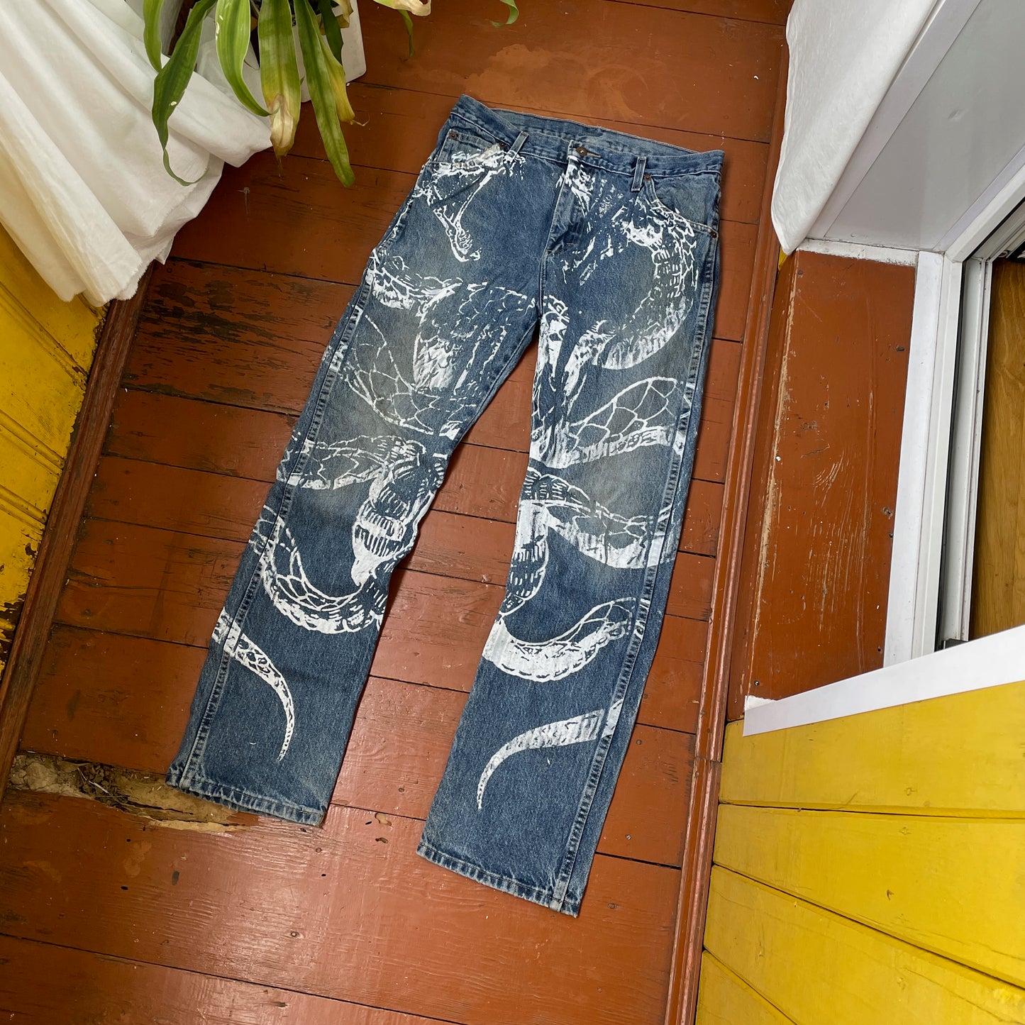 Custom Dickies Snake Jeans – Bleached Serpent Print Denim | Y2K Alt Streetwear 1 of 1 Vintage Grunge Pants