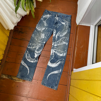 Custom Dickies Snake Jeans – Bleached Serpent Print Denim | Y2K Alt Streetwear 1 of 1 Vintage Grunge Pants