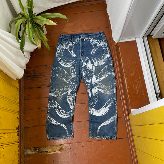 Custom Dickies Snake Jeans – White Cobra Print on Distressed Denim | Vintage Workwear Reworked 1 of 1