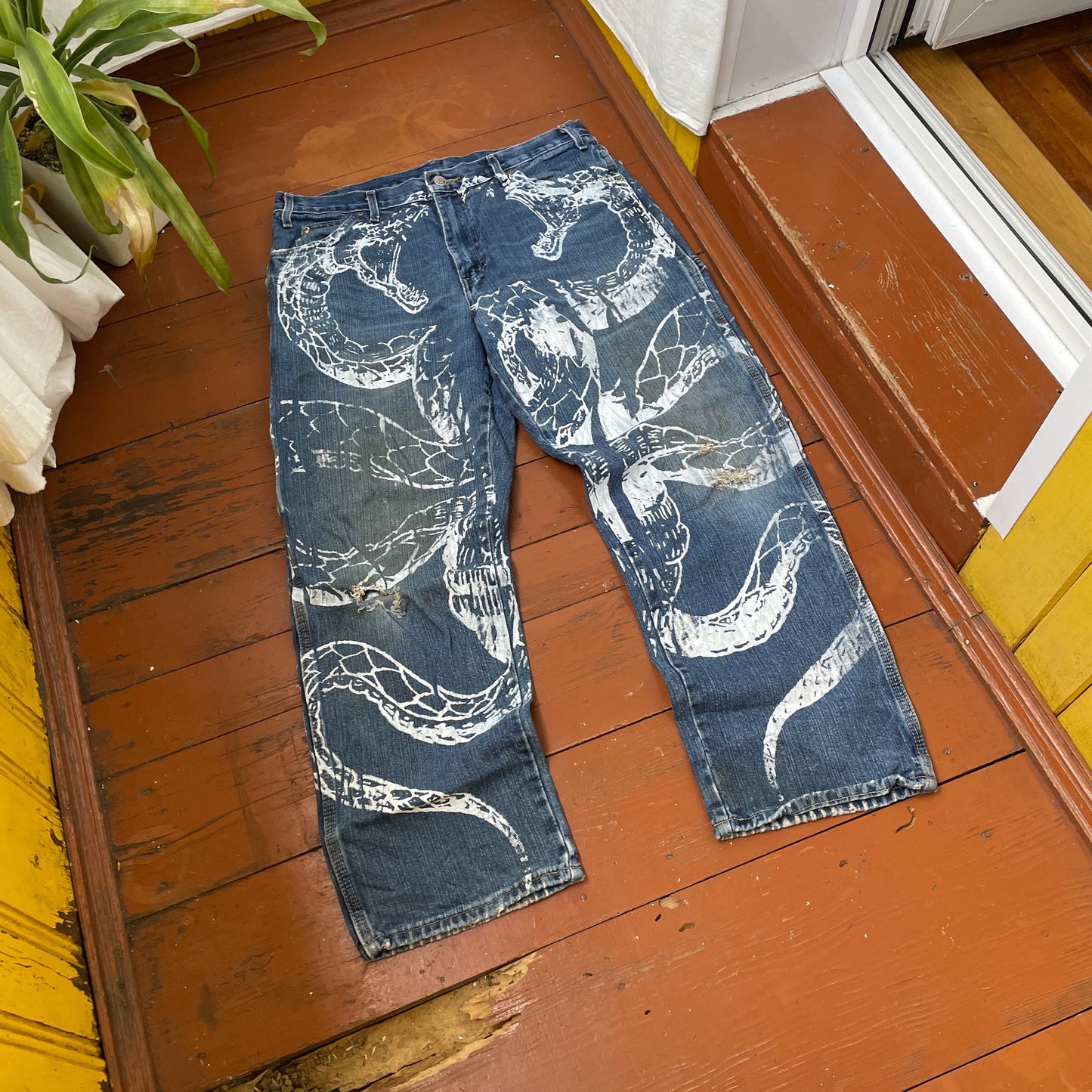 Custom Dickies Snake Jeans – White Cobra Print on Distressed Denim | Vintage Workwear Reworked 1 of 1
