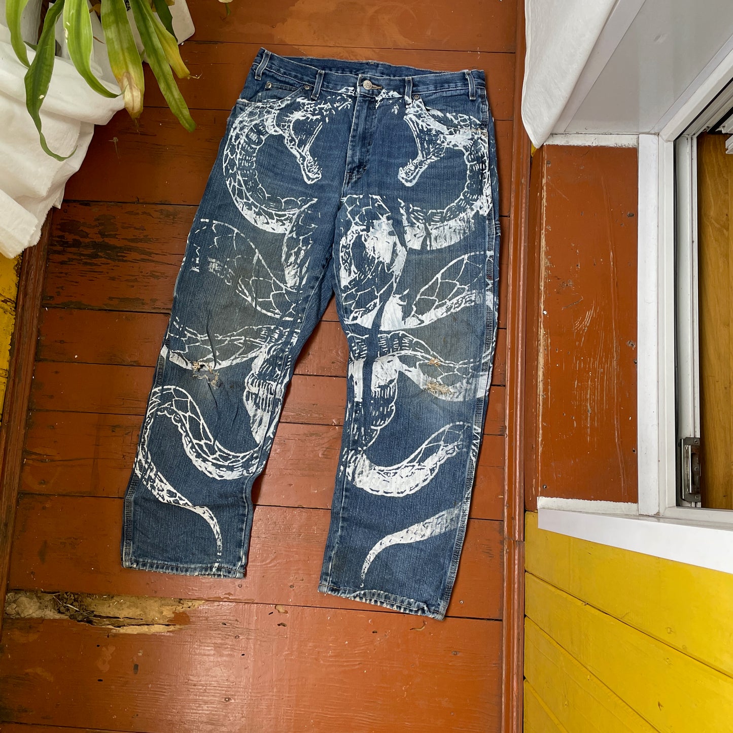 Custom Dickies Snake Jeans – White Cobra Print on Distressed Denim | Vintage Workwear Reworked 1 of 1