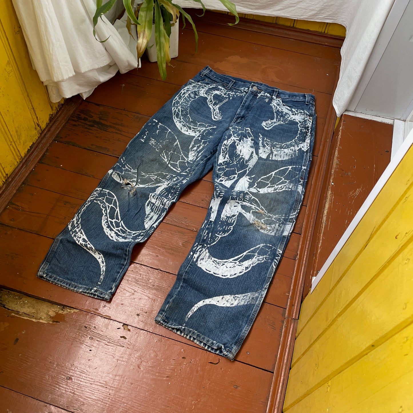 Custom Dickies Snake Jeans – White Cobra Print on Distressed Denim | Vintage Workwear Reworked 1 of 1