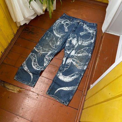 Custom Dickies Snake Jeans – White Cobra Print on Distressed Denim | Vintage Workwear Reworked 1 of 1