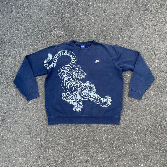 Custom Nike Navy Sweatshirt – White Tiger Print | Vintage 1 of 1