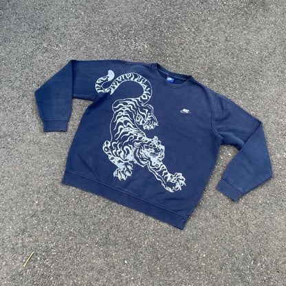 Custom Nike Navy Sweatshirt – White Tiger Print | Vintage 1 of 1