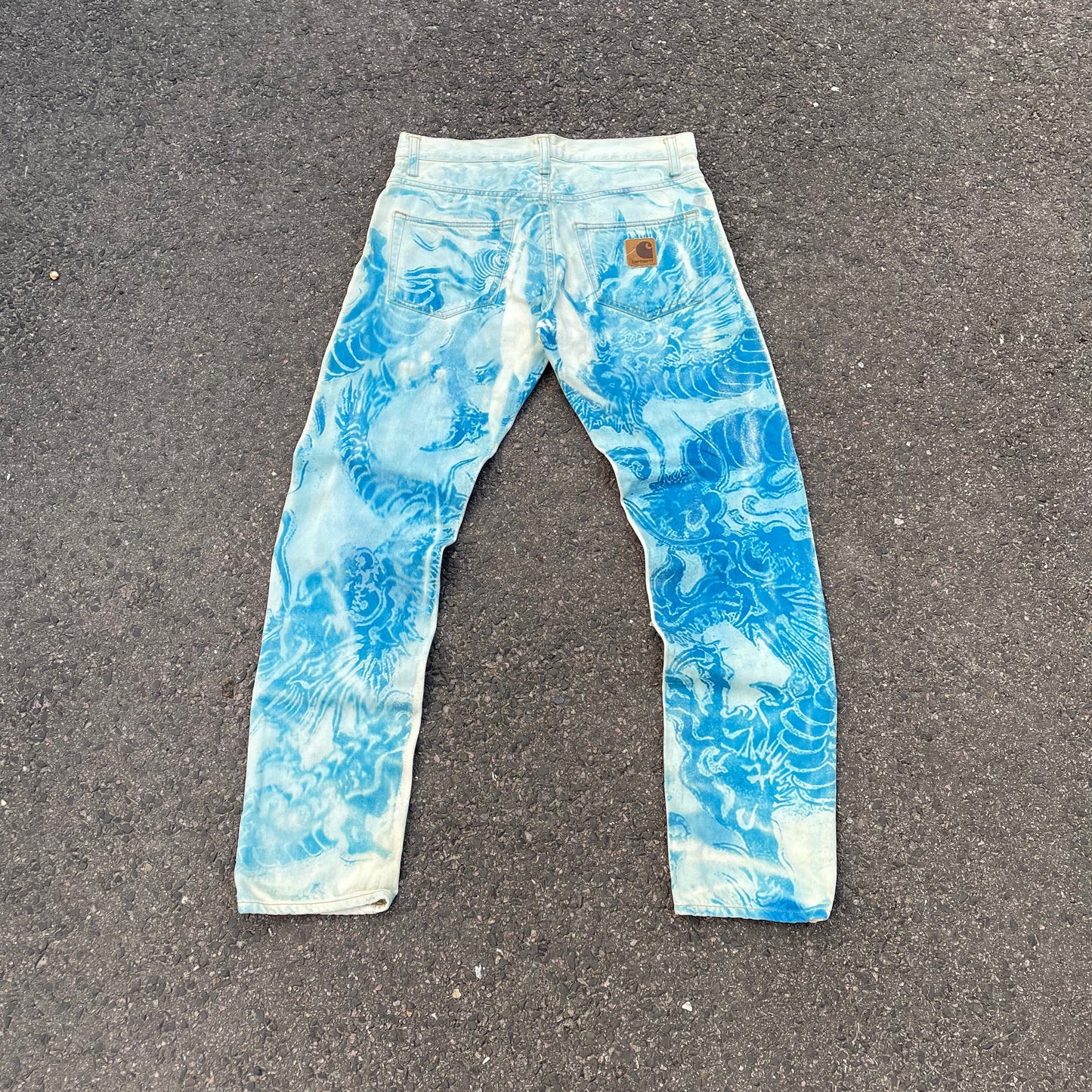 Custom Carhartt Dragon Jeans – Washed Blue Dragon Art | Vintage Workwear 1 of 1