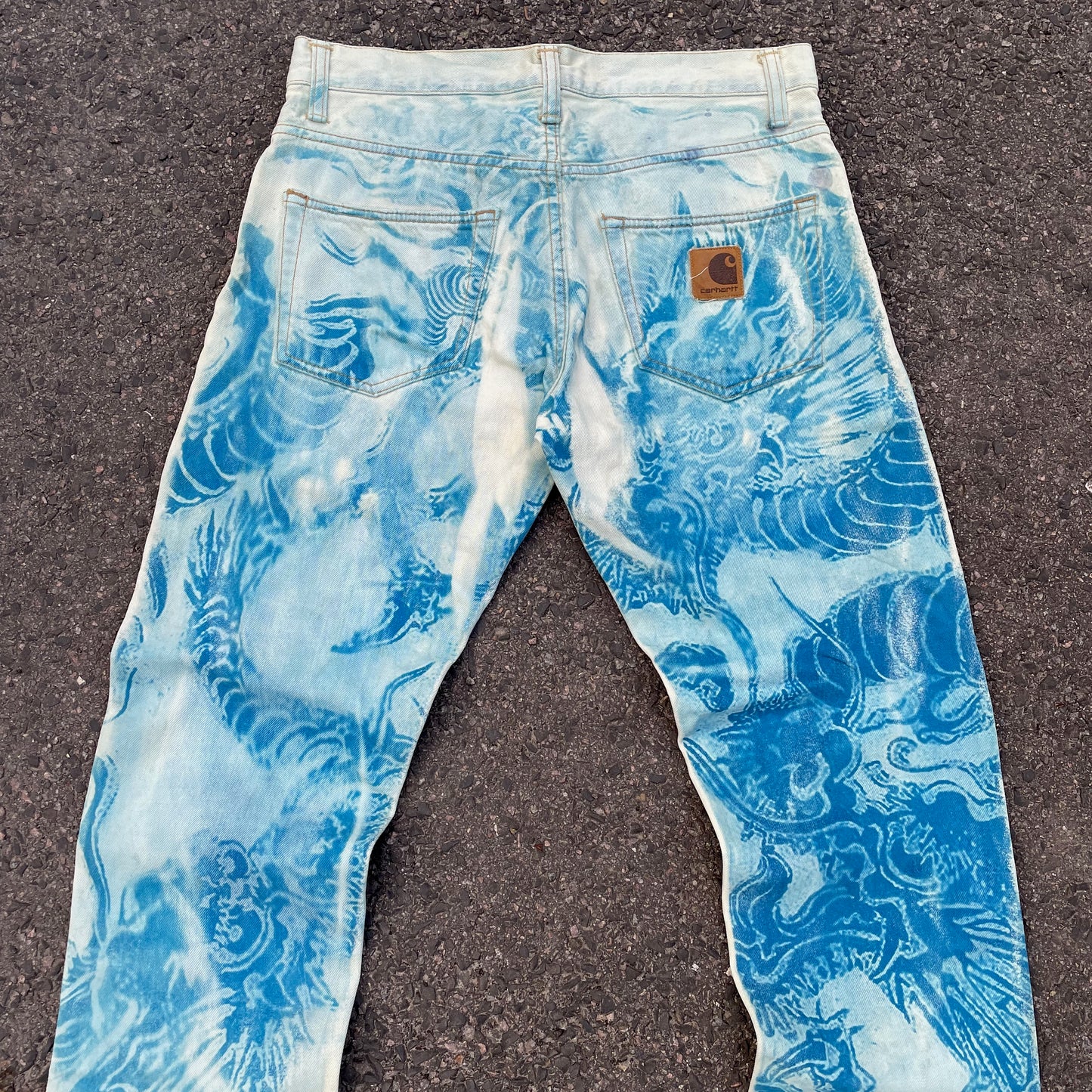 Custom Carhartt Dragon Jeans – Washed Blue Dragon Art | Vintage Workwear 1 of 1