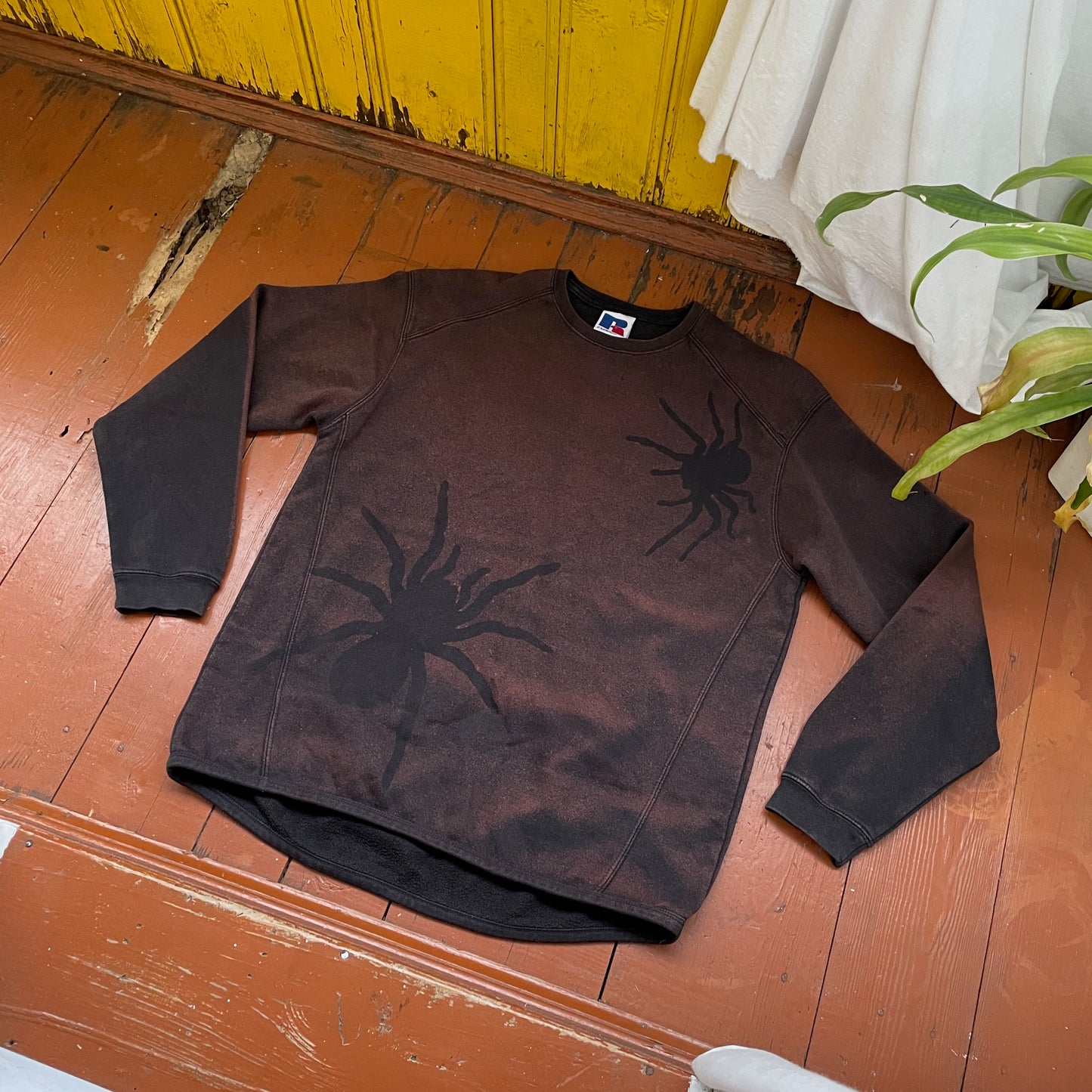 Custom Russell Spider Crewneck – Hand-Printed Black Tarantula on Bleached Faded Sweatshirt | Vintage Fit