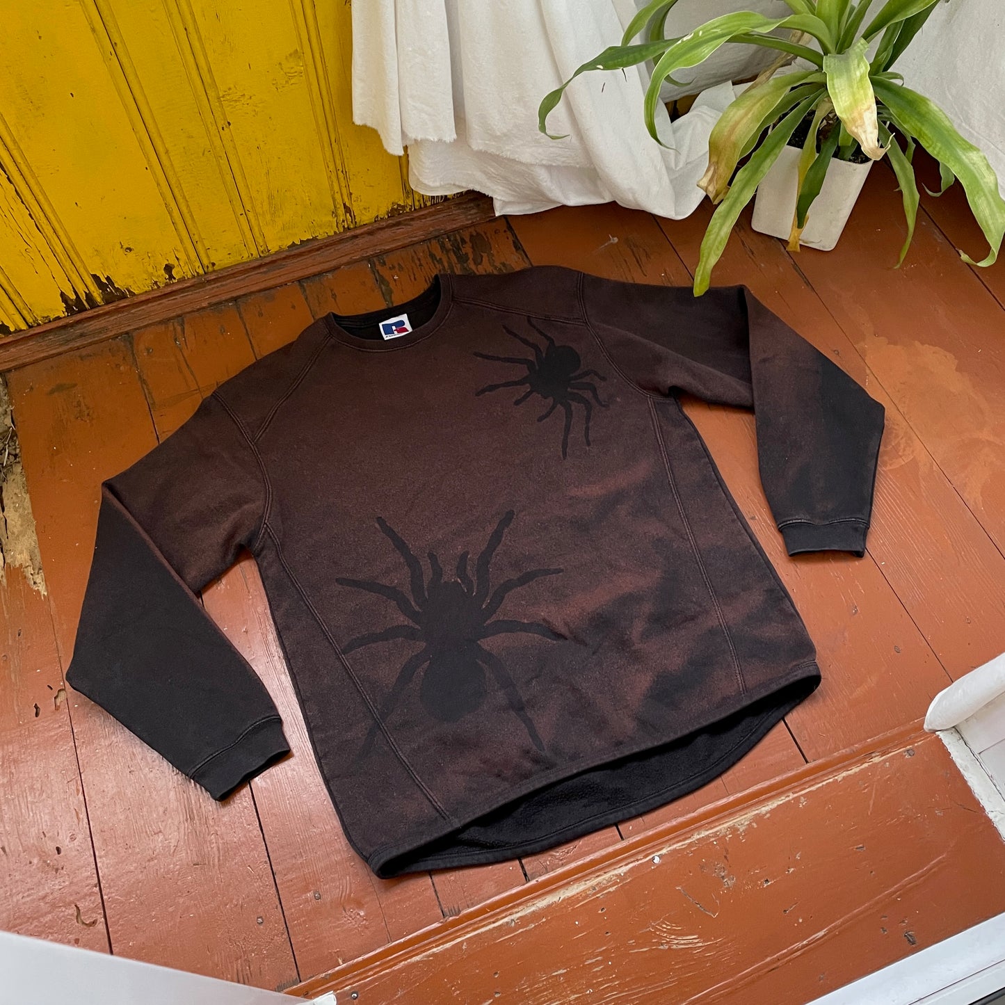 Custom Russell Spider Crewneck – Hand-Printed Black Tarantula on Bleached Faded Sweatshirt | Vintage Fit