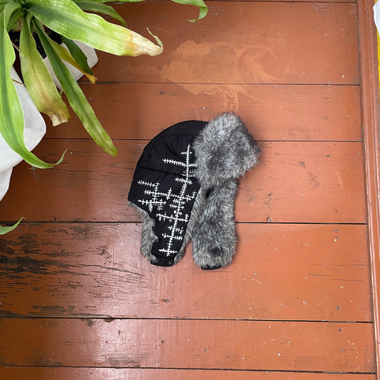 Custom Crosswork Trapper Hat – Black Winter Hat with White Print & Faux Fur | Y2K Alt Streetwear 1 of 1