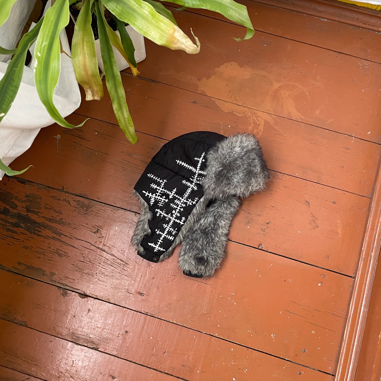 Custom Crosswork Trapper Hat – Black Winter Hat with White Print & Faux Fur | Y2K Alt Streetwear 1 of 1