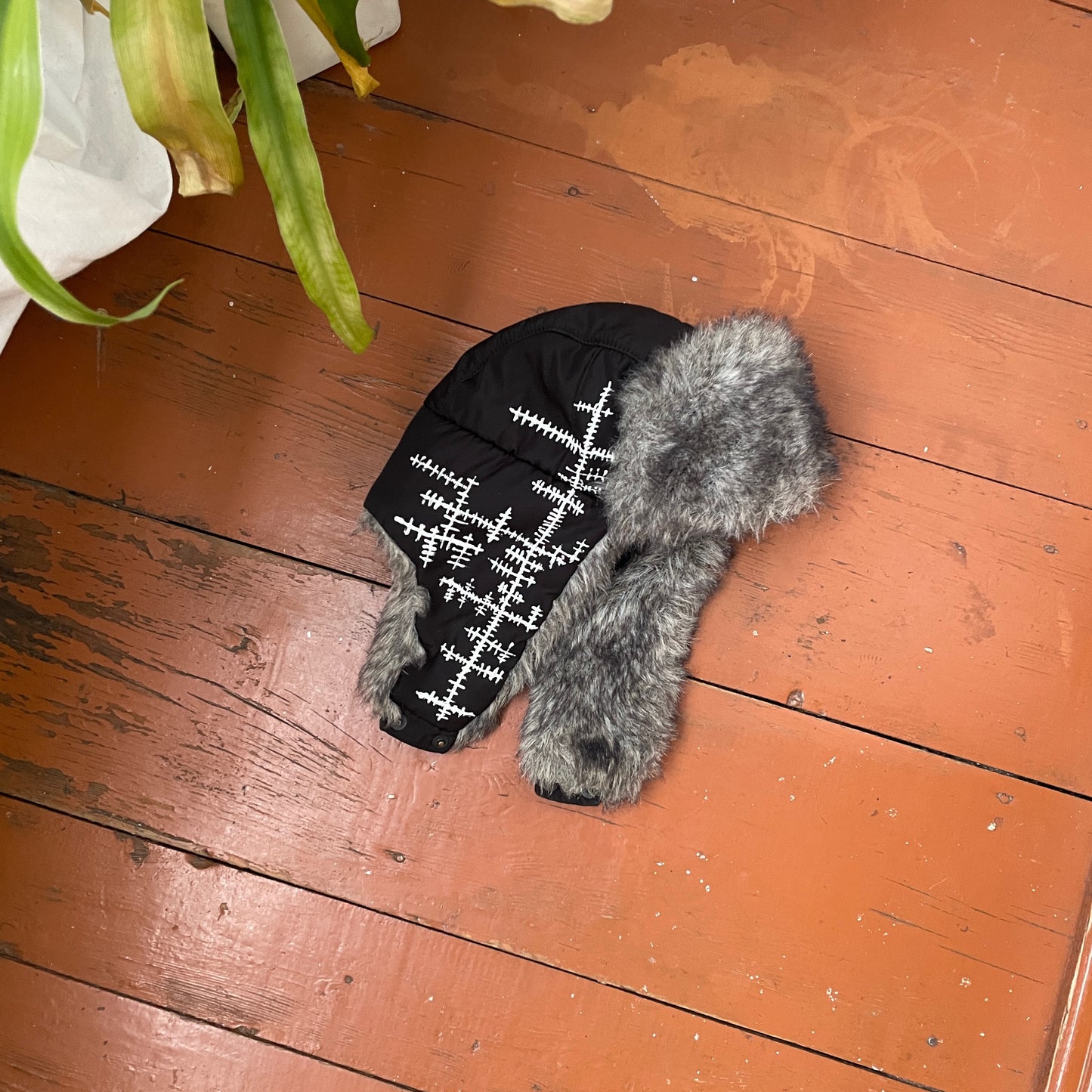 Custom Crosswork Trapper Hat – Black Winter Hat with White Print & Faux Fur | Y2K Alt Streetwear 1 of 1
