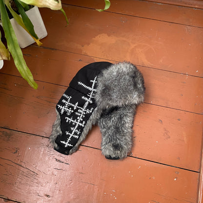 Custom Crosswork Trapper Hat – Black Winter Hat with White Print & Faux Fur | Y2K Alt Streetwear 1 of 1